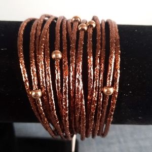 Strand Bracelet Bronze Shimmer Gold Metal Beads Accent Magnetic Closure
